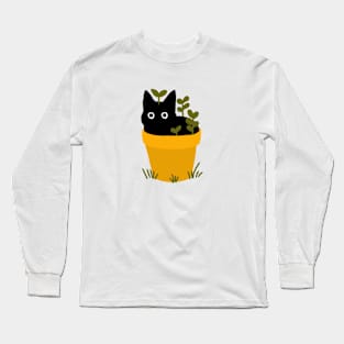 Black cat in yellow plant pot Long Sleeve T-Shirt